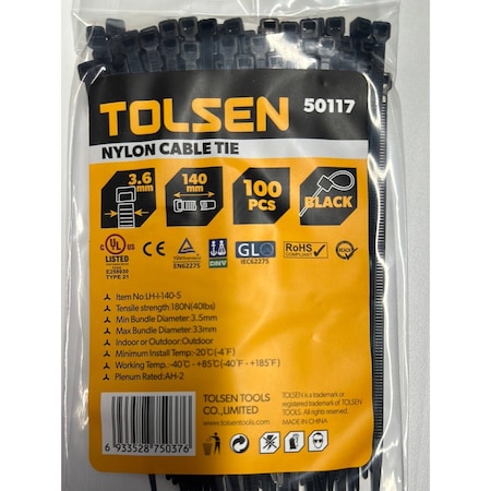 Tolsen Cable Tie, 5-1/2 in L, 33 mm Max Bundle Dia., Black, Nylon 6/6, 40 lb Strength, 100 PK 50117